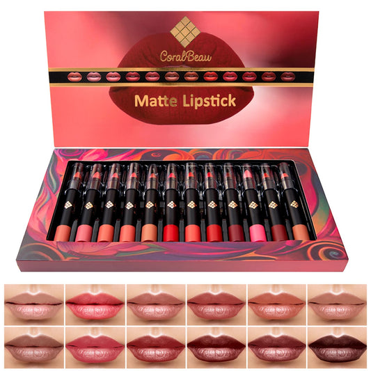 CoralBeau front packaging showing all twelve matte lip crayons and variety
