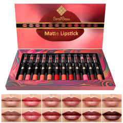 CoralBeau front packaging showing all twelve matte lip crayons and variety