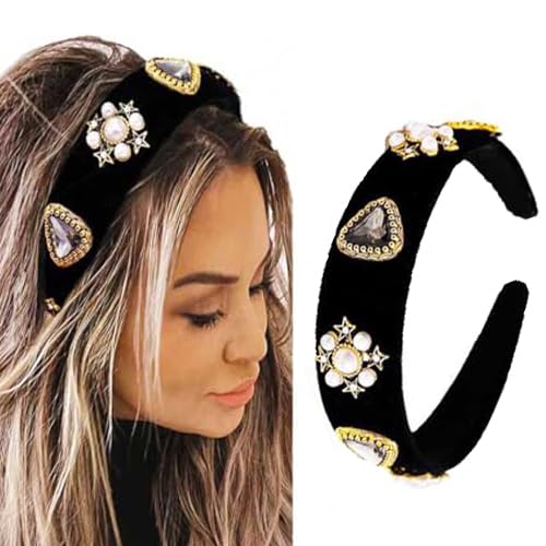 Coridy front view of black velvet jeweled headband, adds instant elegance