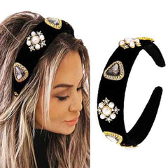 Coridy front view of black velvet jeweled headband, adds instant elegance