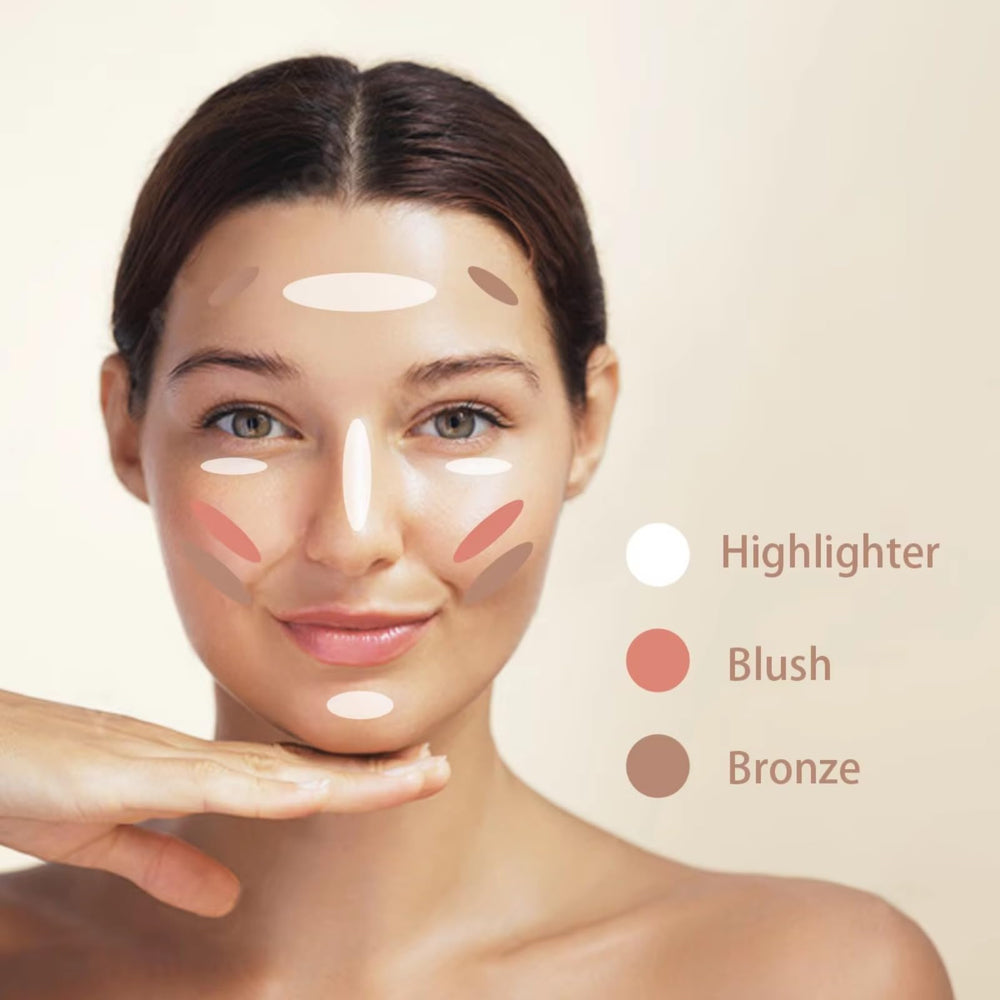 Corlo swatches of bronze, blush, and highlight showing buildable pigmentation