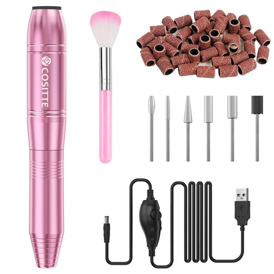 COSITTE electric nail drill front view showing controls and USB port benefits portability