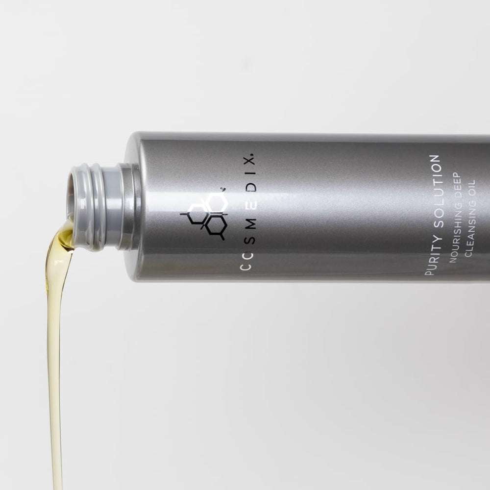 COSMEDIX bottle on bathroom shelf in lifestyle scene for routine-ready use