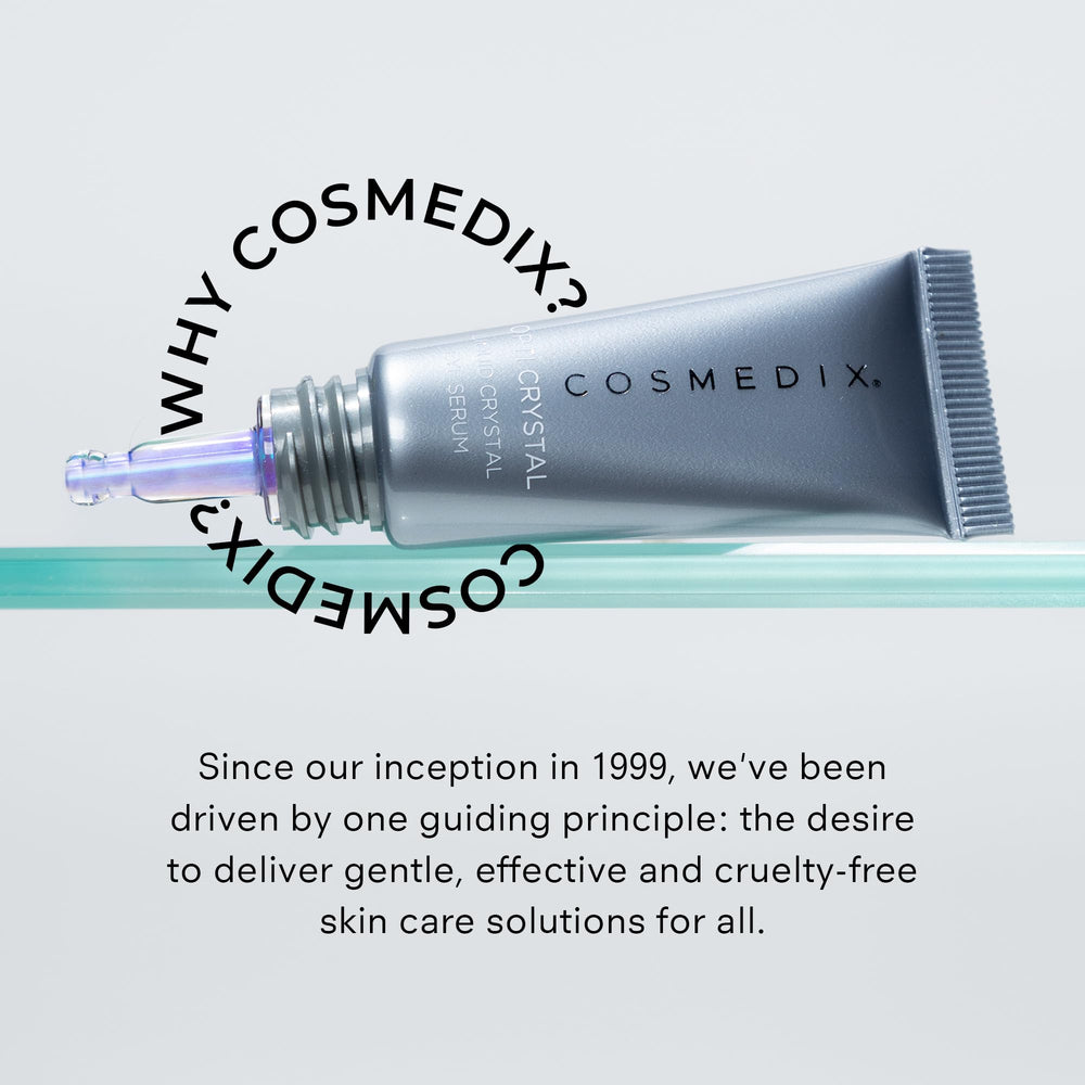 COSMEDIX bottle in hand for size comparison, convenient travel-friendly benefit