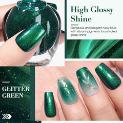 COSMOO nail swatch under varied light showing vibrant green sparkle