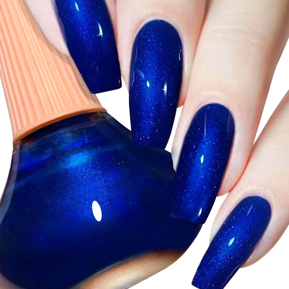 COSMOO front bottle view showing royal blue shimmer and glossy finish benefit