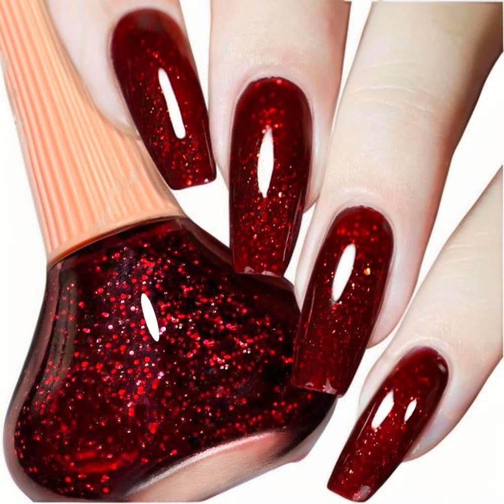 COSMOO front bottle showing wine red glitter polish and rich color payoff