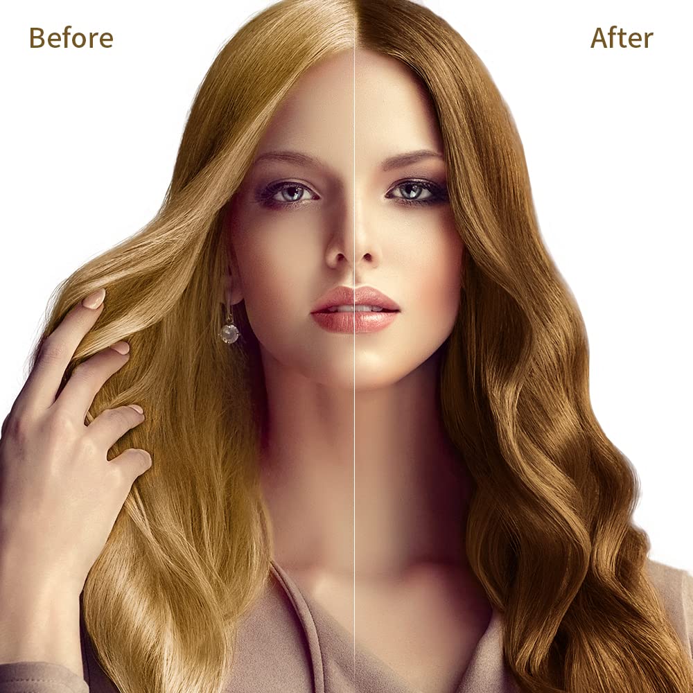 COSMTEK before and after hair result in lifestyle setting showing natural chestnut tone