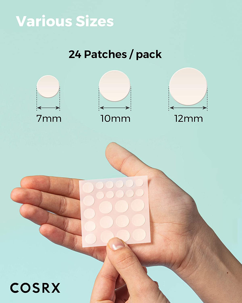 COSRX patches beside ruler showing size options for targeted use