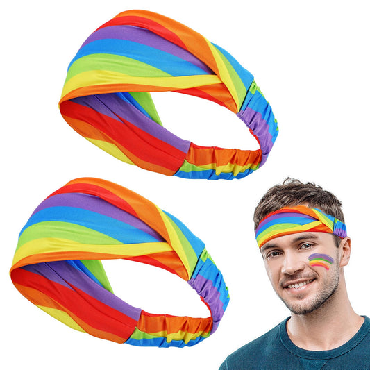 Cosweet front view of rainbow headband showing vibrant flag design and fit benefit