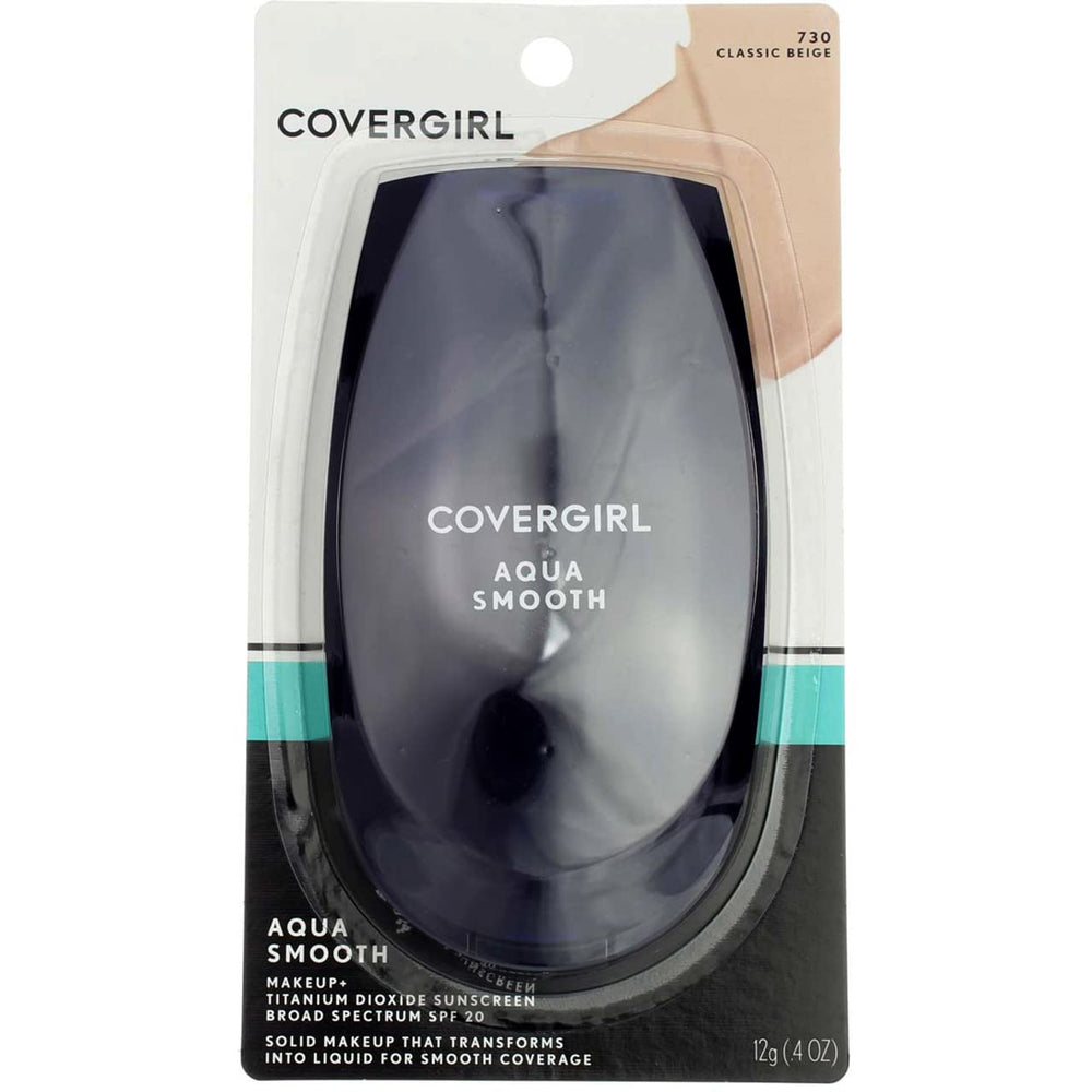 COVERGIRL front packaging of Aquasmooth compact showing shade 730 Classic Beige and mirror