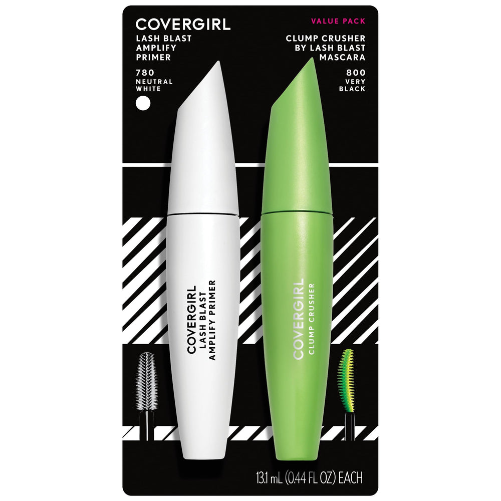COVERGIRL front packaging twin pack showing very black mascara and white primer for dramatic volume