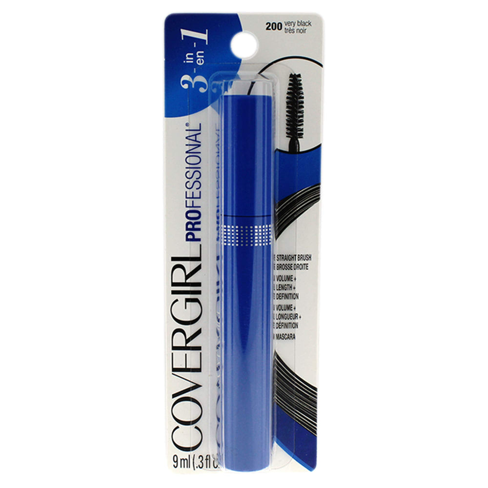 COVERGIRL mascara front packaging showing very black shade and compact tube, defining lashes easily