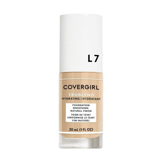 COVERGIRL truBlend front packaging showing bottle and shade Warm Beige benefits even tone