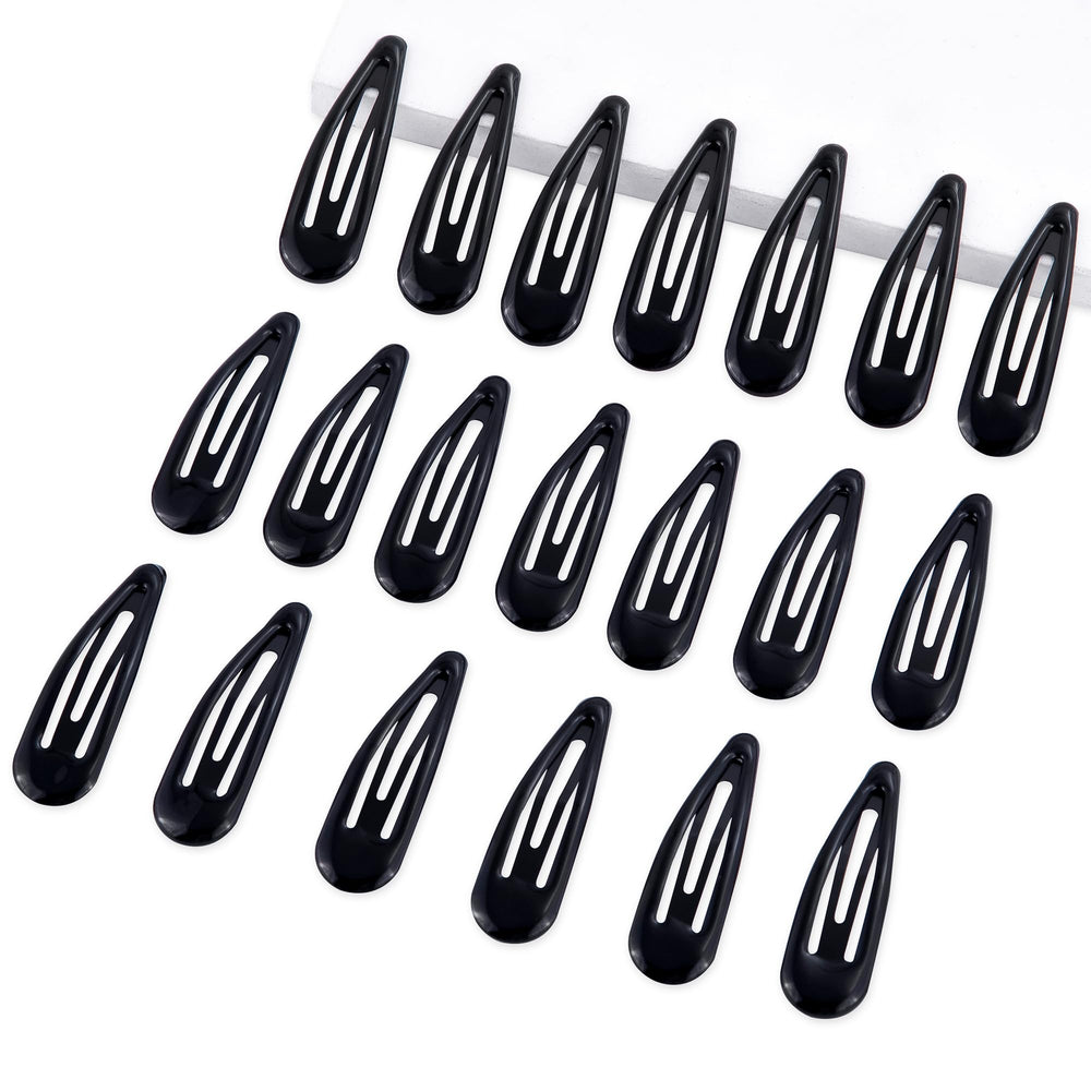 Cptots front view of 20 black water-drop snap clips showing organized pack and quantity