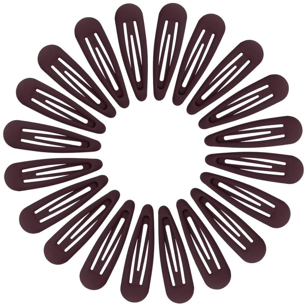 Cptots front view of 20 matte dark red snap clips, tidy storage benefit