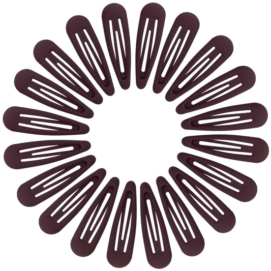 Cptots front view of 20 matte dark red snap clips, tidy storage benefit