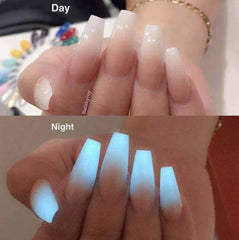 Cre8tion glowing nails in use at night illustrating bright photoluminescent benefit