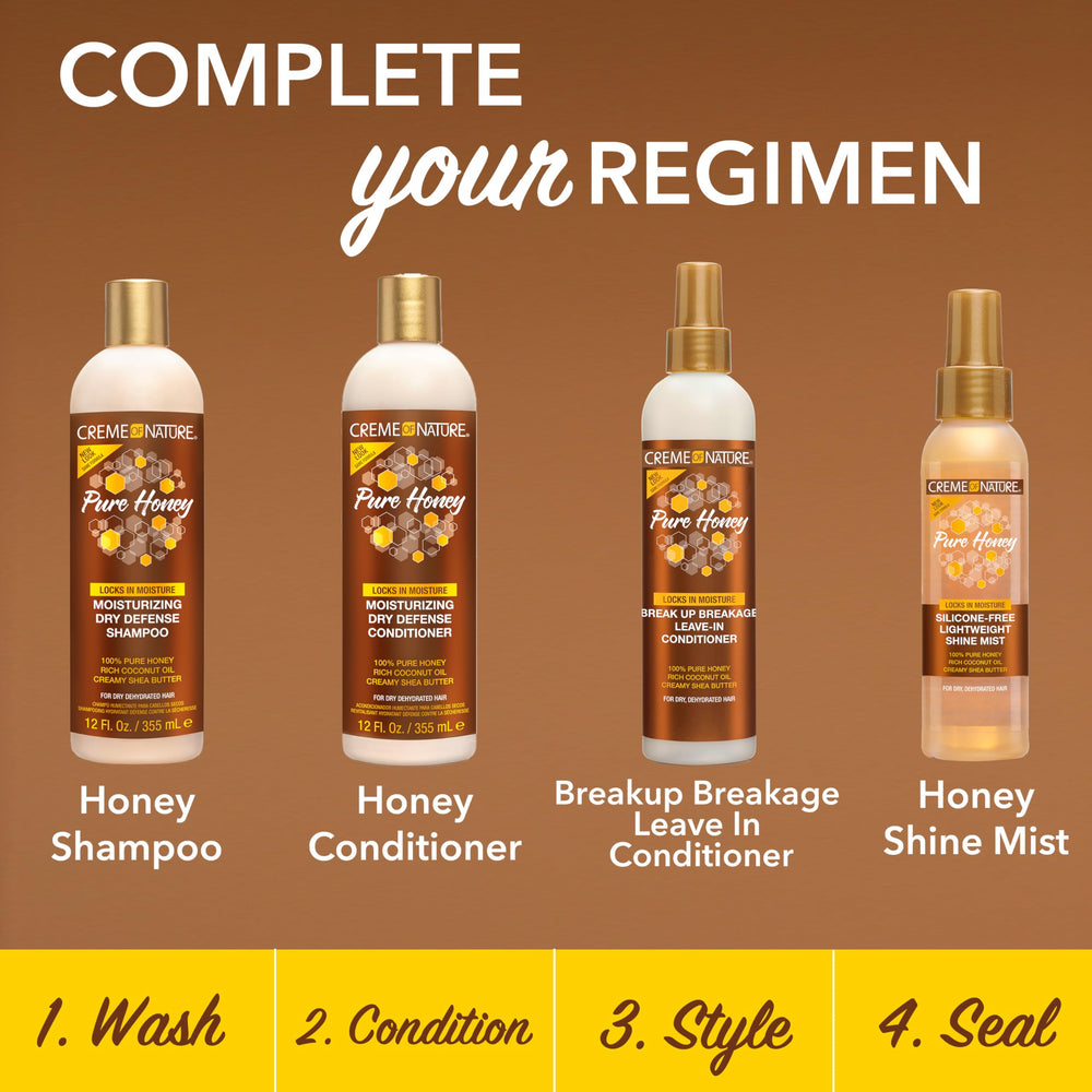 Creme of Nature bottle staged on bathroom shelf, conveys daily grooming and manageability