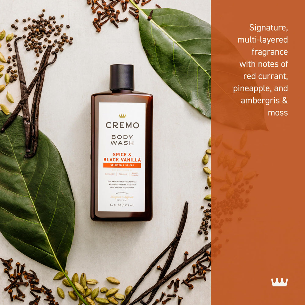Cremo angled bottle highlighting sleek packaging and premium look in shower