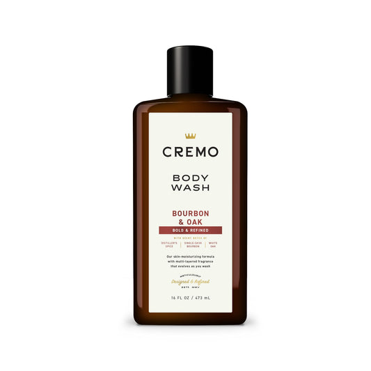 Cremo bottle front label showing Bourbon & Oak scent and 16 fl oz size benefit