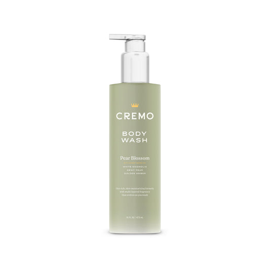 Cremo pear blossom front bottle showing label and elegant packaging for attractive shower display