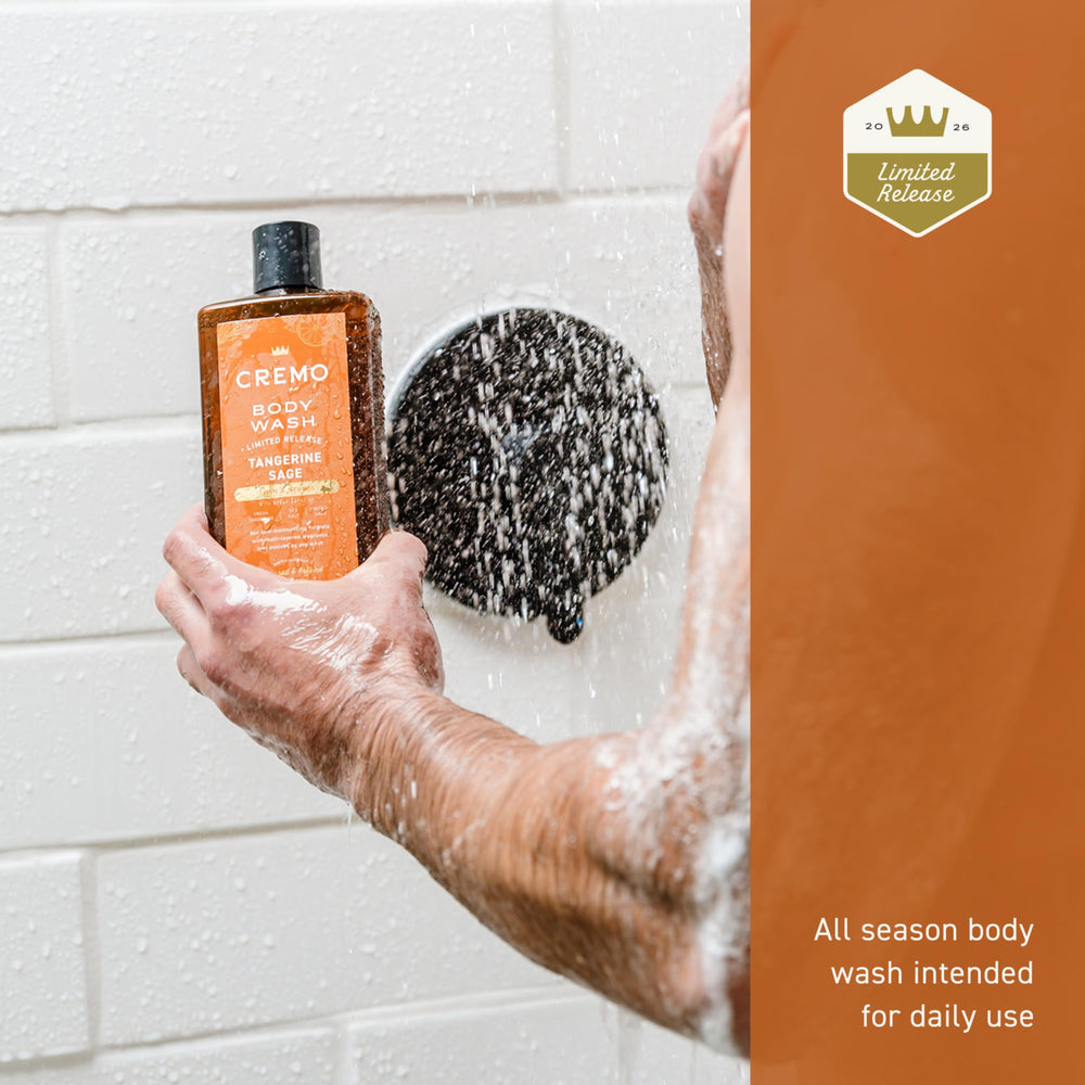 Cremo body wash in shower use with lather on skin conveying effective cleansing