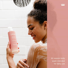 Cremo pump close-up highlighting dispenser and easy one-handed use for quick showers