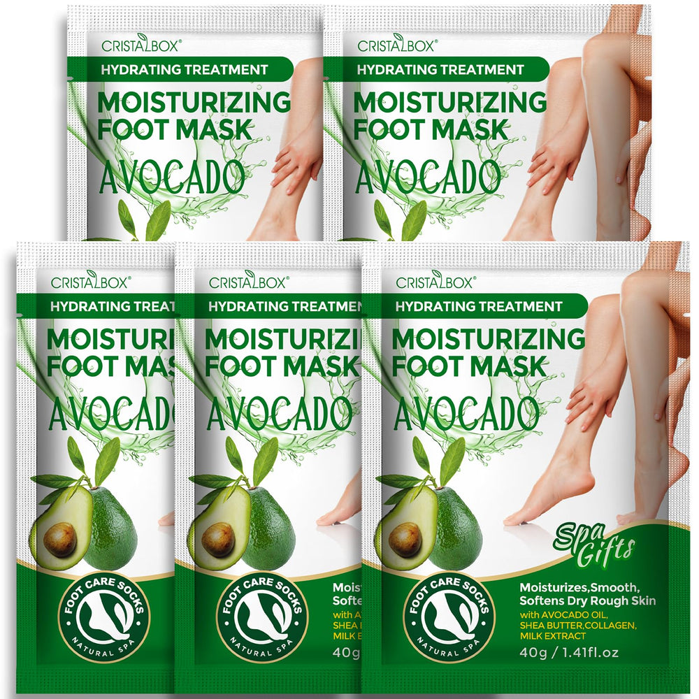 CRISTALBOX front packaging showing five moisturizing foot mask pack and benefits