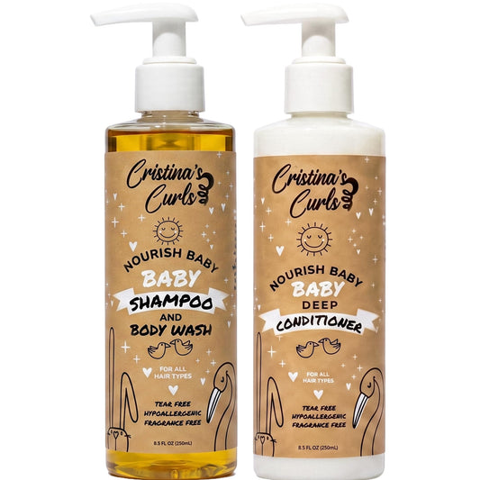 Cristina's Curls front packaging showing gentle two-step baby set and calm benefit