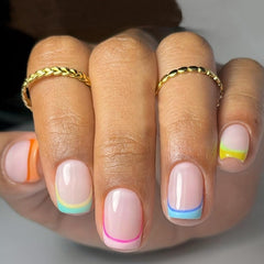 CTTHNBD product box and 24 short square press-on nails showing colorful French tips for quick style