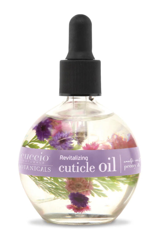 Cuccio bottle front view showing petals and elegant label, enhances vanity display