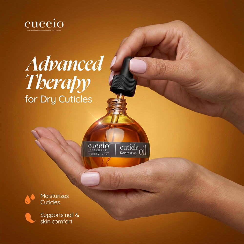 Cuccio close-up dropper dispensing oil, highlights precise application benefit