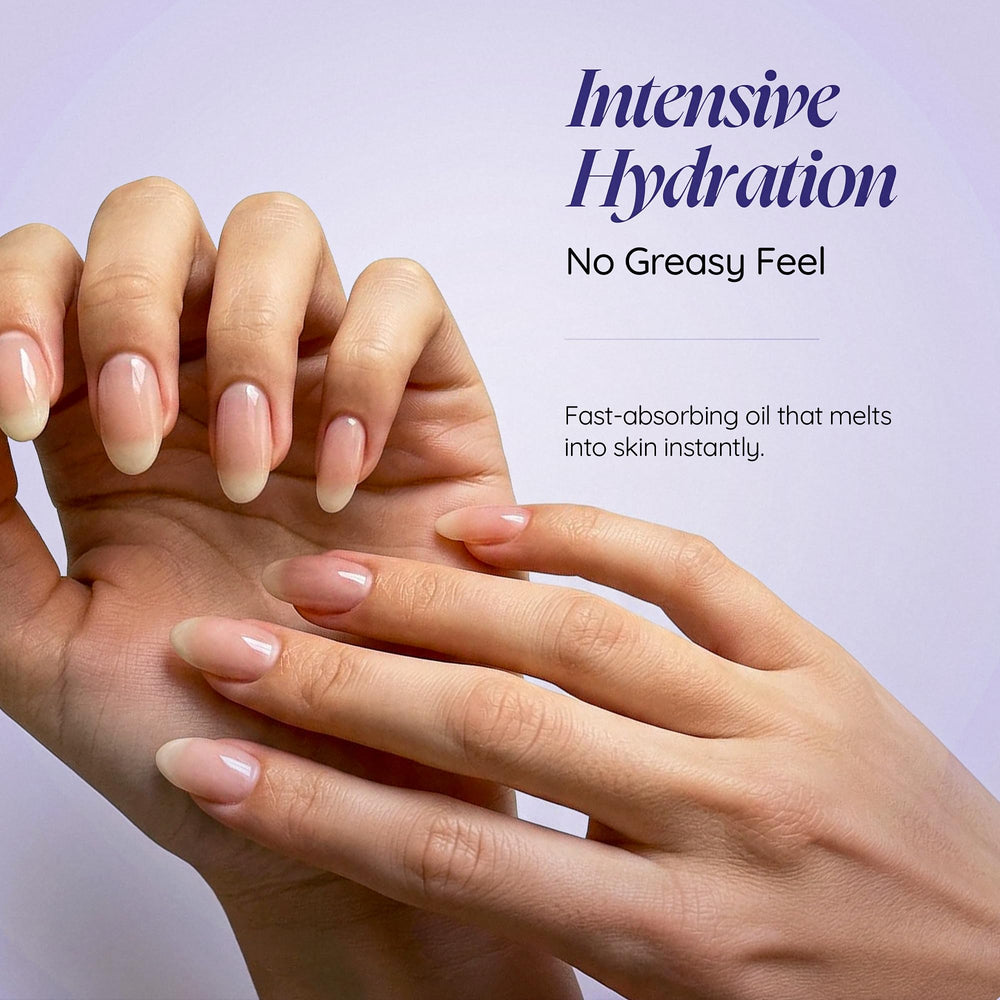 Cuccio oil in a spa setting with towels and lavender conveying calming, salon-quality results