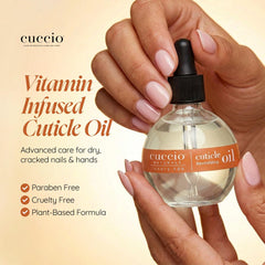 Cuccio bottle in a hand to show compact size and travel convenience benefit