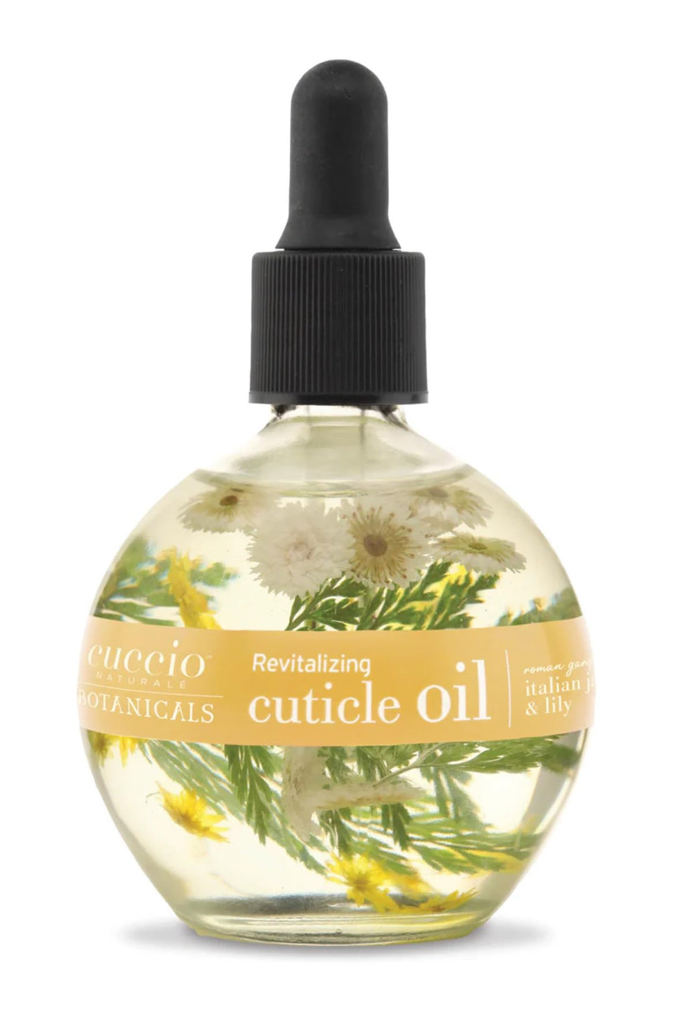 Cuccio front bottle showing flowers and clear packaging with elegant display benefit