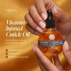 Cuccio 2.3 fl oz bottle next to common items for size comparison benefit