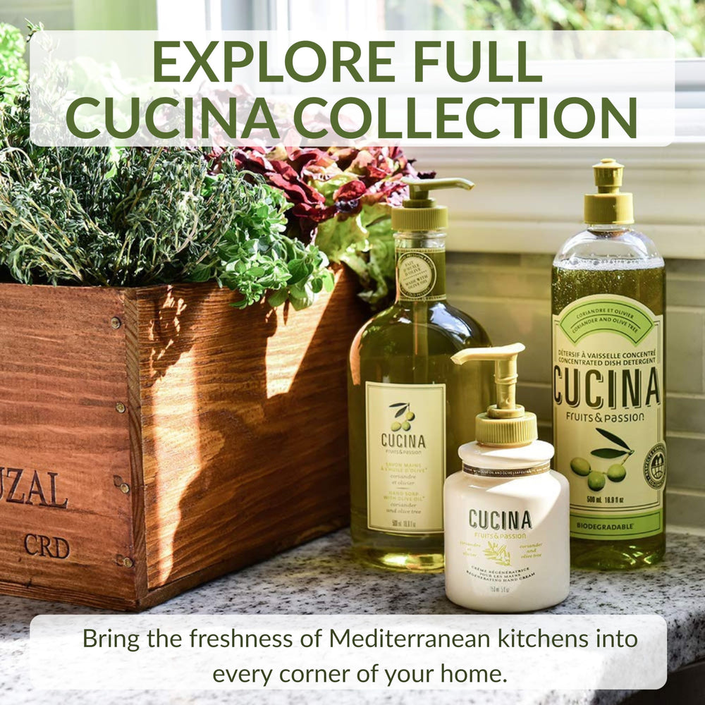 Kitchen counter scene with Cucina refill and utensils showing food-safe, subtle scent