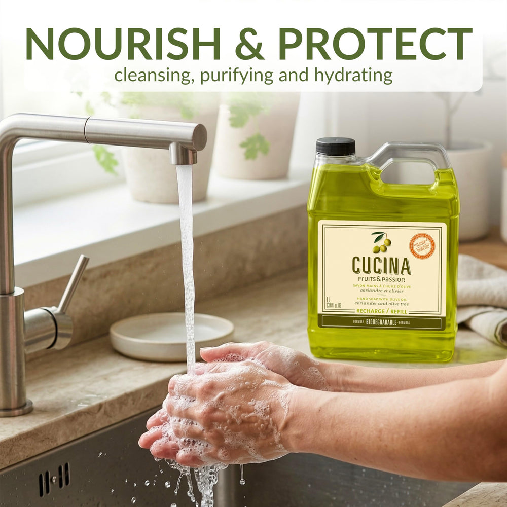 Cucina glass pump bottle filled from 1 L refill highlighting reusable bottle use