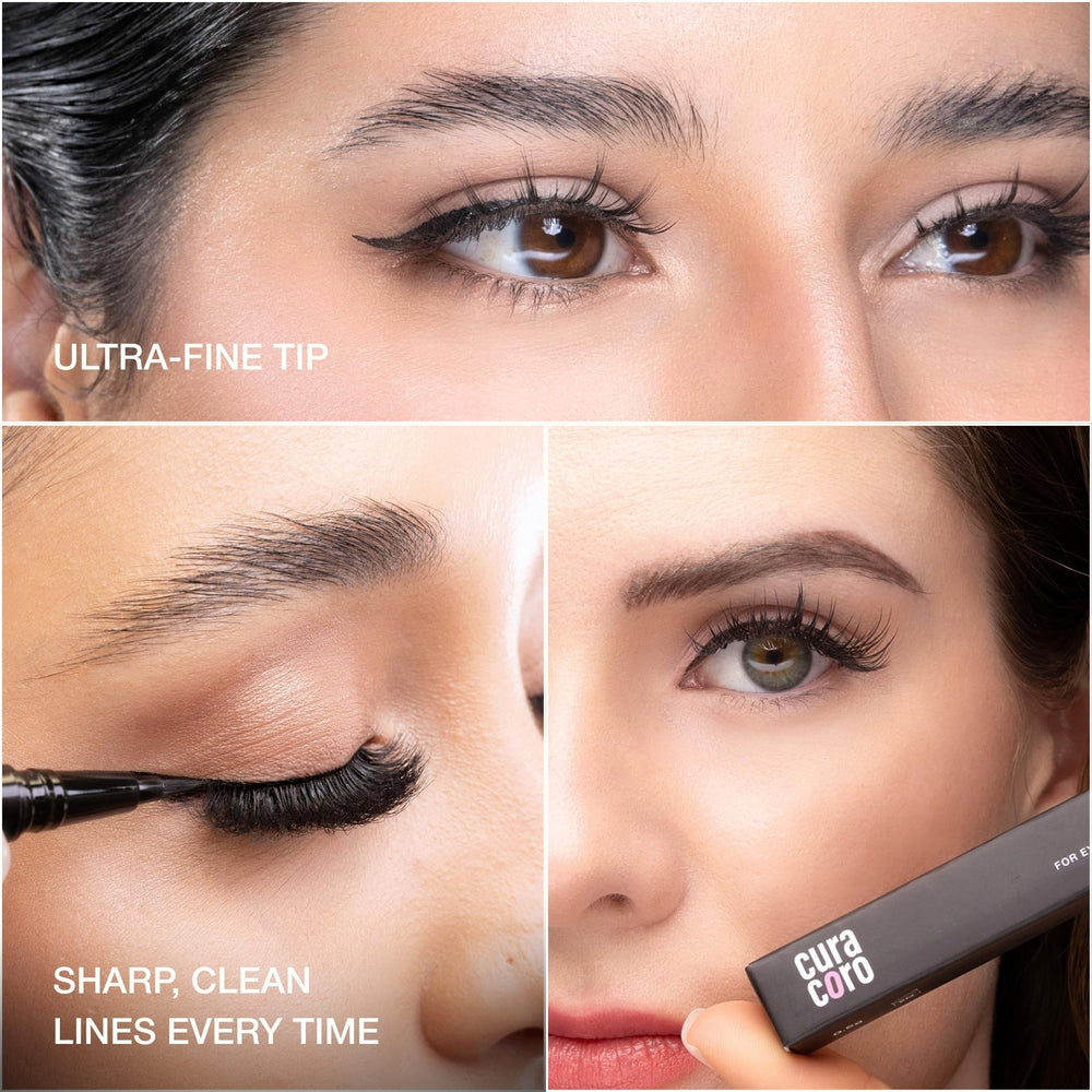 CURACORO eyeliner in use creating a wing, delivers sharp definition quickly