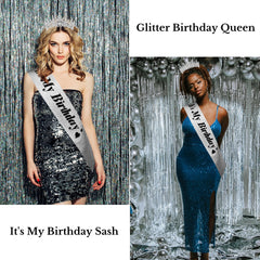 CURASA sash full length in silver glitter showing clear "It's My Birthday" text