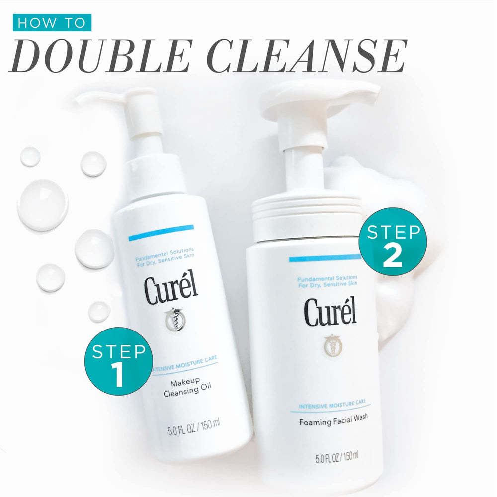 Curel bottle next to foaming wash suggesting double-cleansing benefit