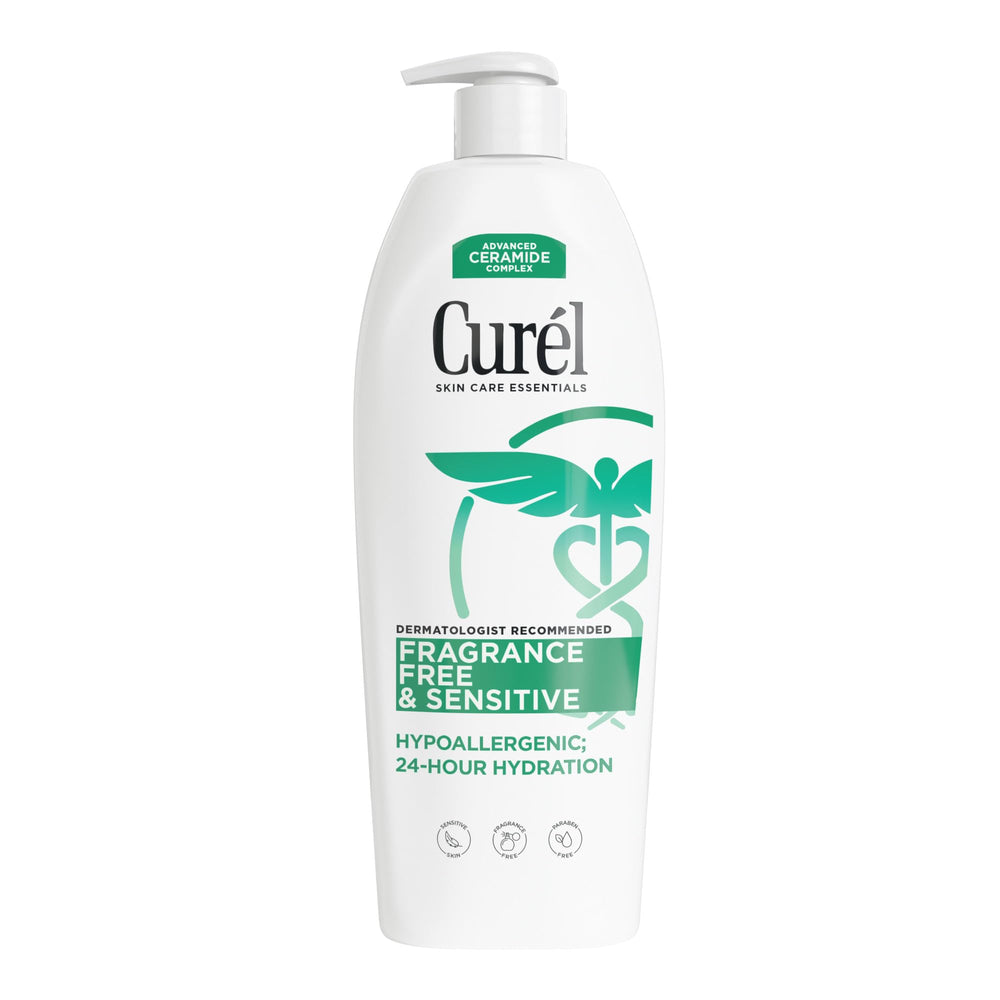 Curel front packaging 20 oz showing clean unscented lotion and quick identification benefit