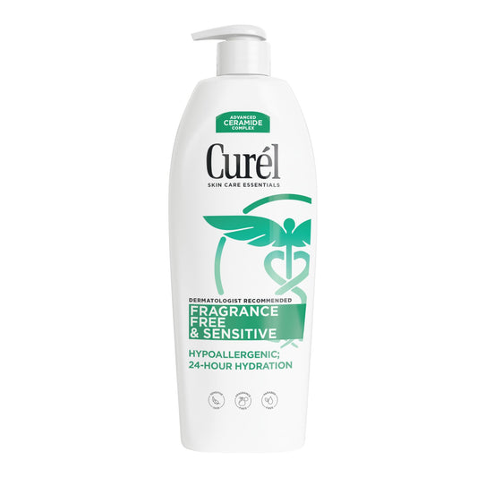 Curel front packaging 20 oz showing clean unscented lotion and quick identification benefit