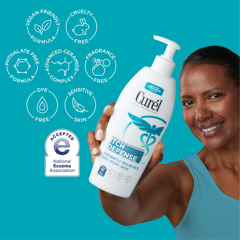 Pouring Curel lotion to show creamy texture and fast absorption