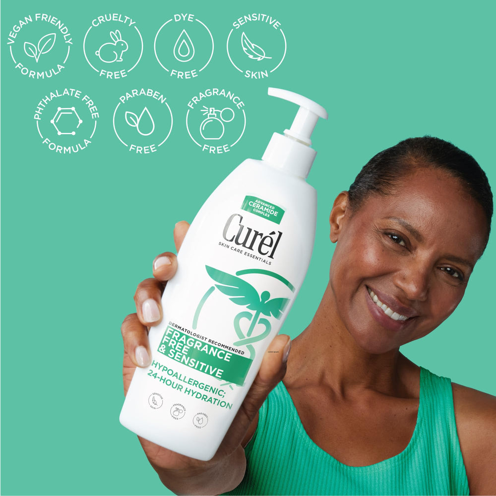 Curel lotion texture close-up illustrating fast-absorbing, non-greasy finish for comfort
