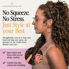 Curlfriend Collective model with curly hair wearing espresso headband for comfortable hold