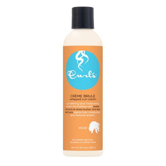 Curls crème brule front label showing jar and branding, highlights moisture benefits