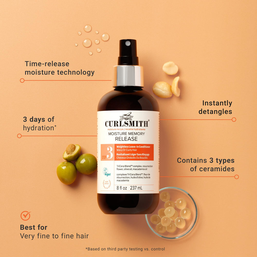 CURLSMITH milky spray texture close-up delivering light, non-greasy moisture