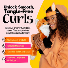 CurlyKids cream texture close-up illustrating lightweight, non-greasy lotion